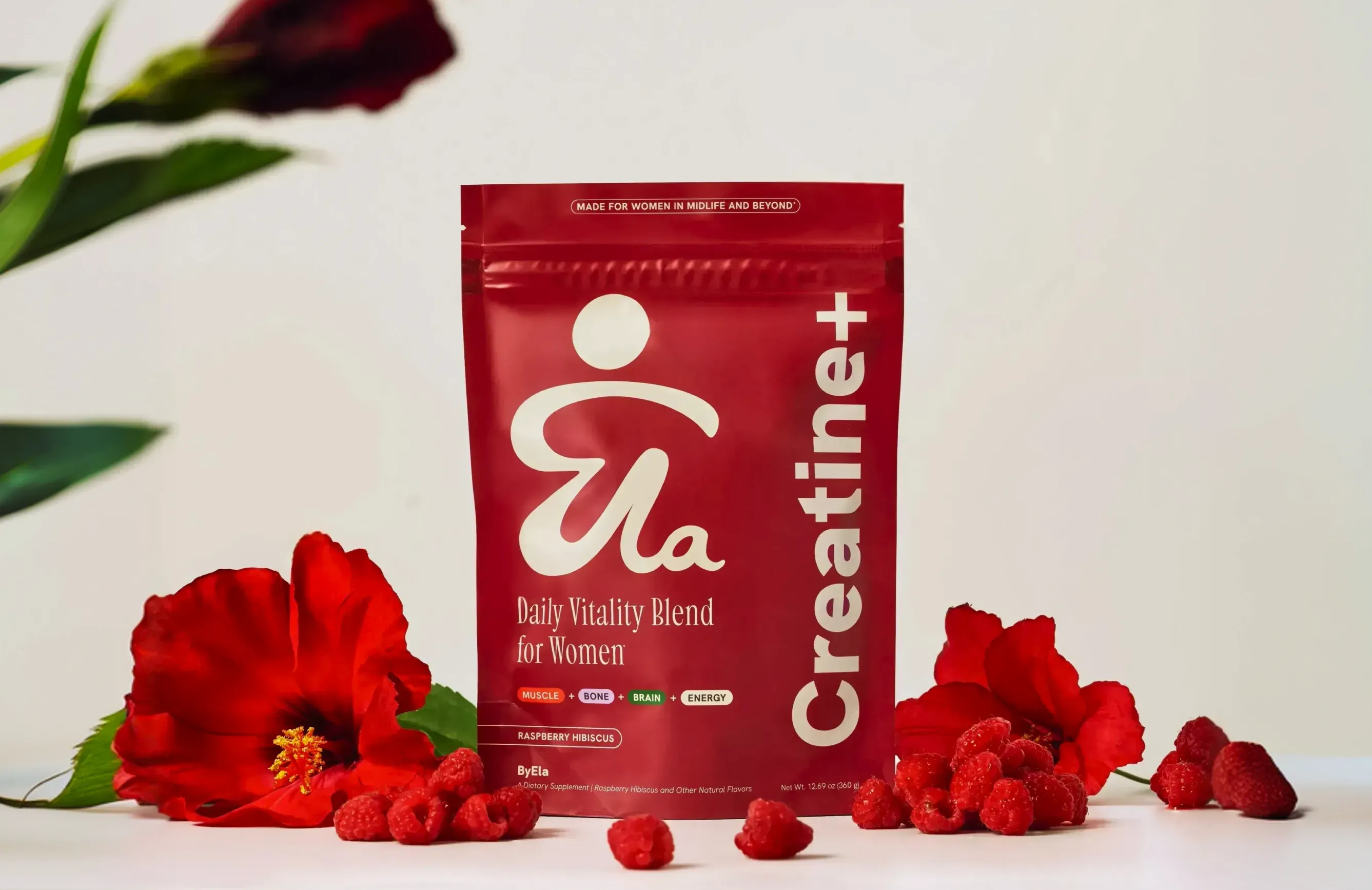 ByEla Creatine+ pouch with red flowers and raspberries