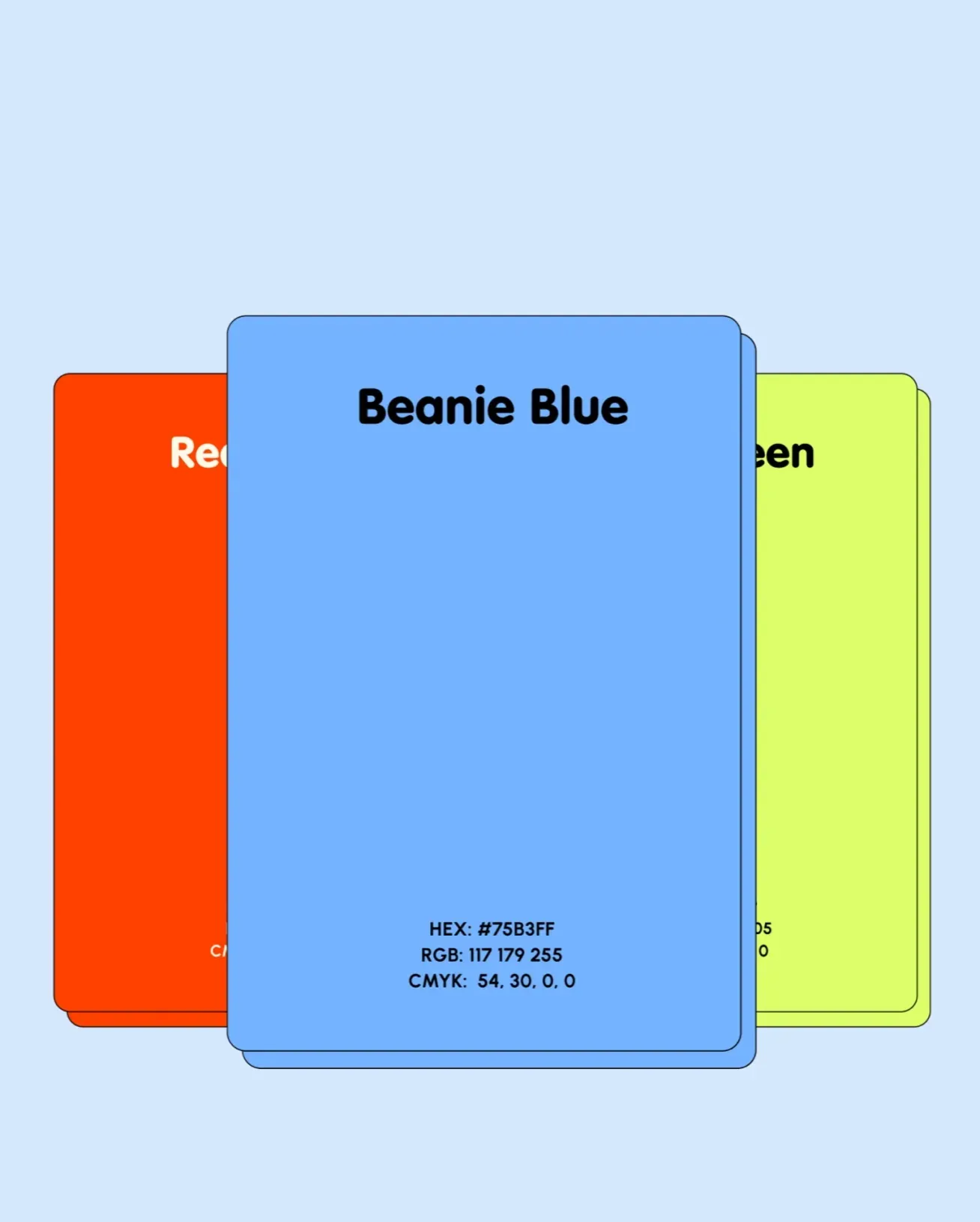 Nomie packaging color cards: Red Pepper, Beanie Blue and Zuzu Green