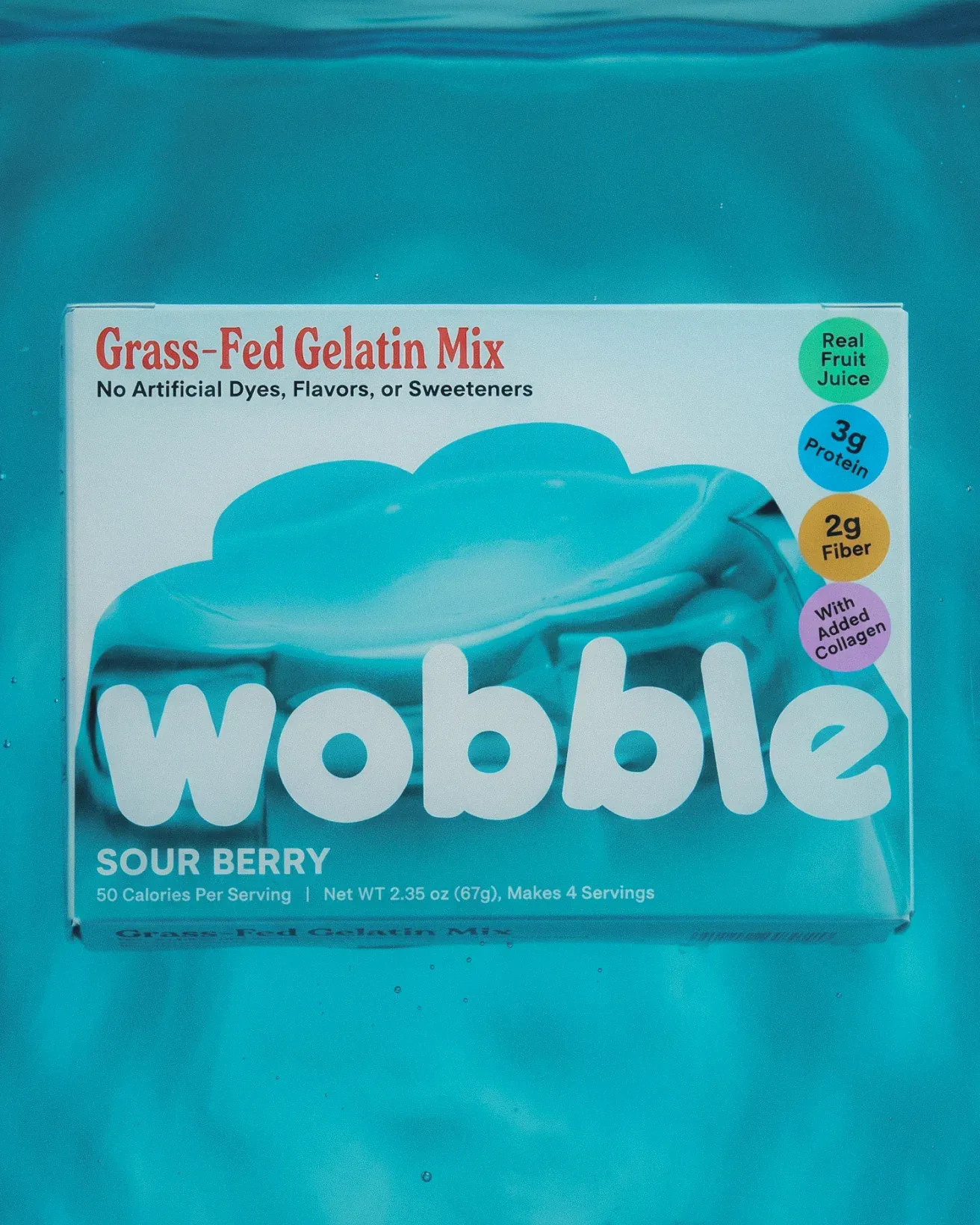 Wobble sour berry gelatin mix box on blue