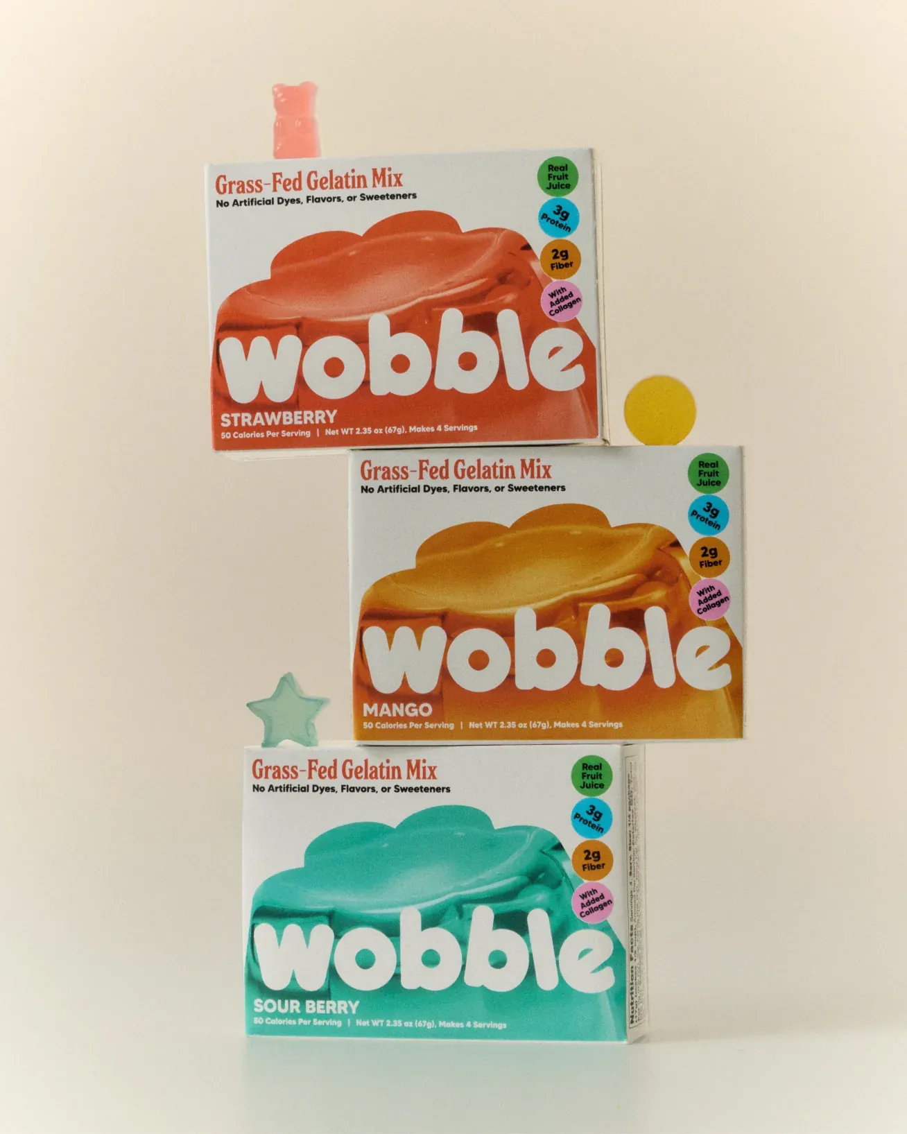 Stack of three Wobble gelatin mix boxes